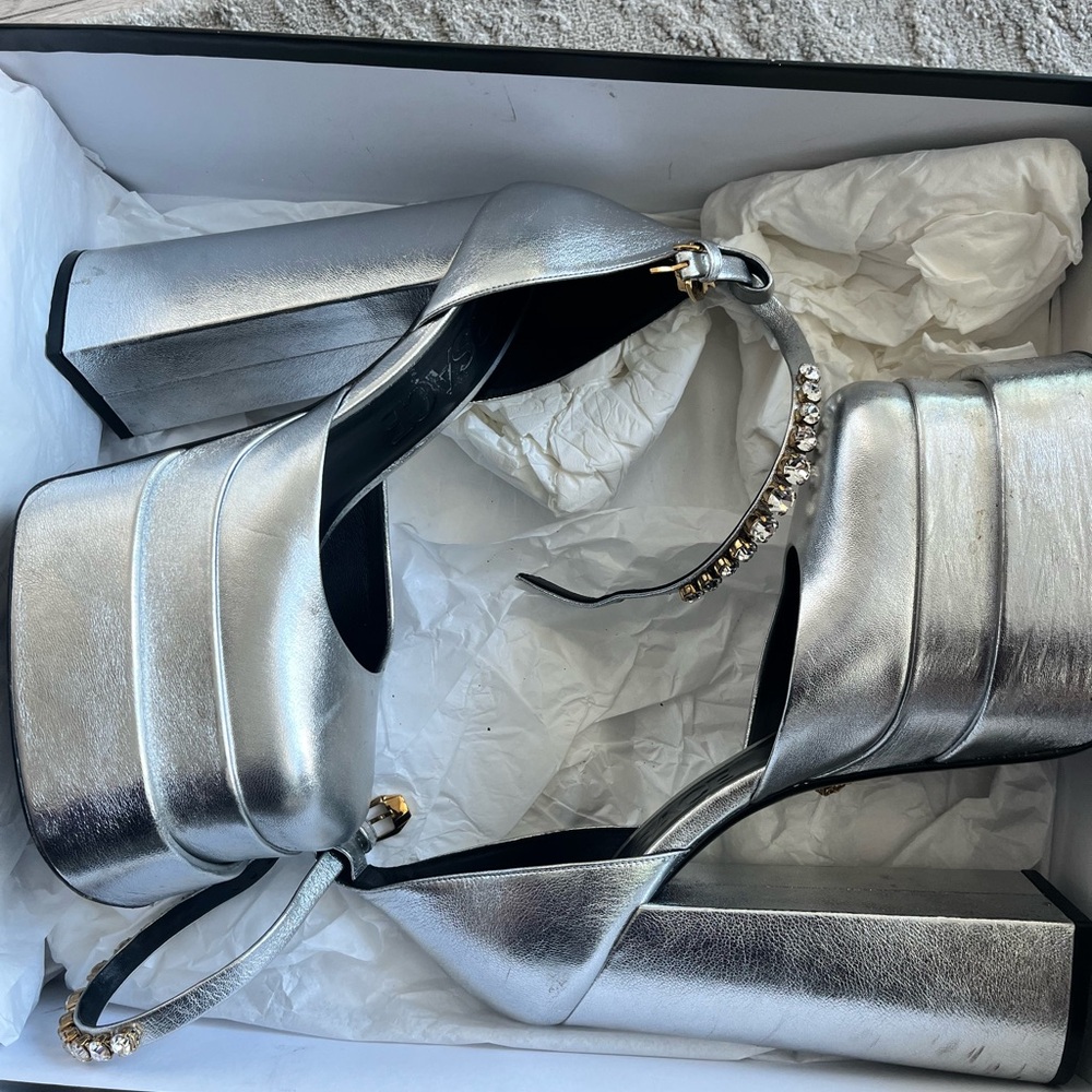 Versace Silver Platform Heels With Rhinestone Det… - image 1